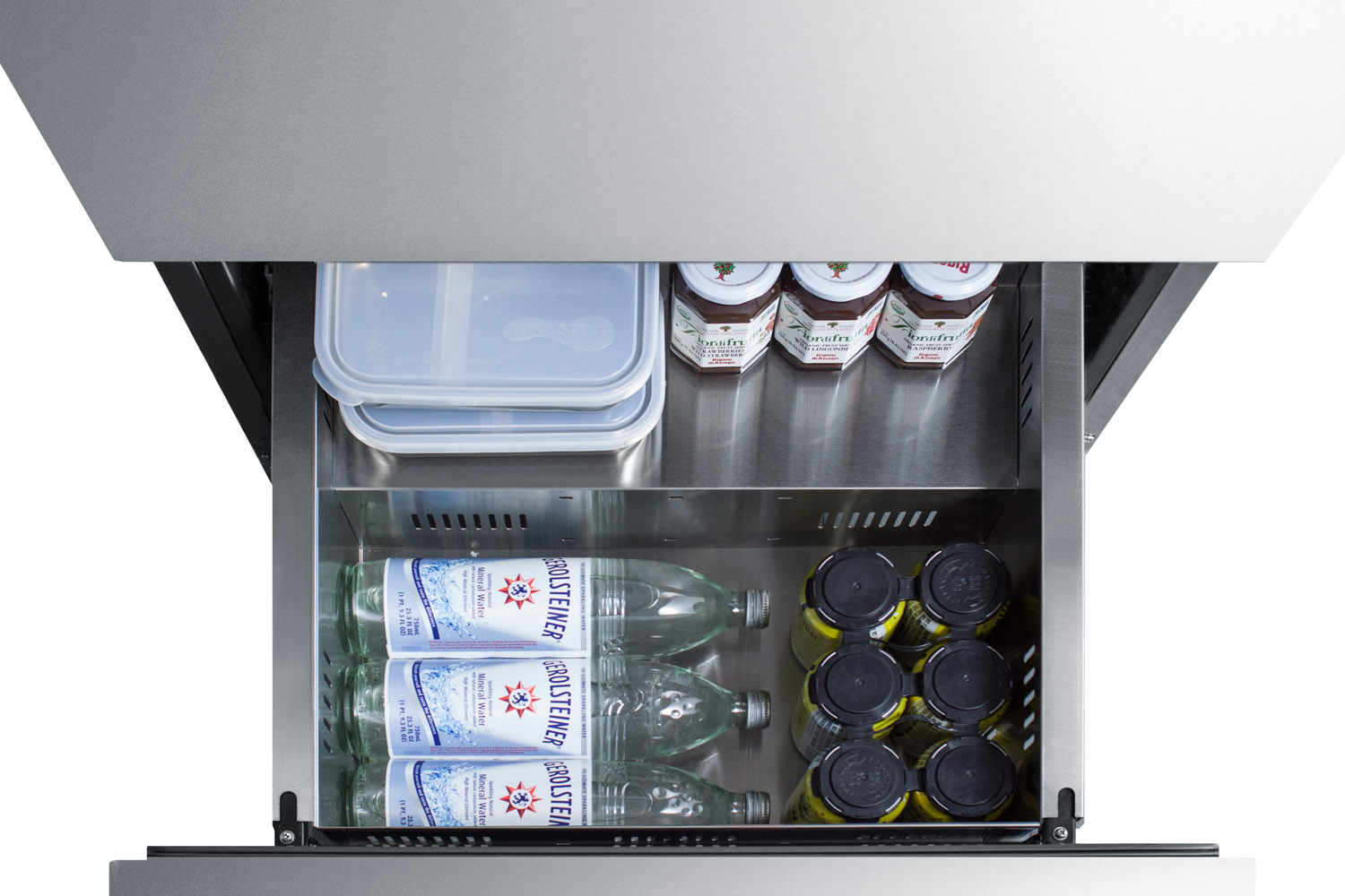 Commercially listed ENERGY STAR certified panel-ready 2-drawer all-refrigerator in stainless steel designed for indoor or outdoor use under standard or ADA compliant counters